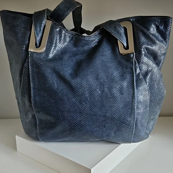 KOOBA Elegant Denim Blue Snake Embossed Glossed Tote Shoulder Bag - Picture 1 of 10